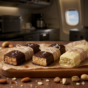 Drei hausgemachte Snickers-Riegel mit Maiswaffeln, Nüssen und Schokoladenglasur auf Packpapier in einer Flugzeug-Galley