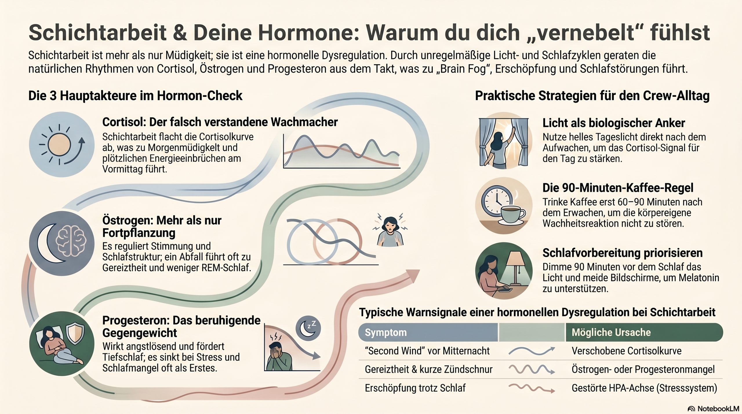Infografik: Schichtarbeit und Hormone – Cortisol, Östrogen, Progesteron im Überblick