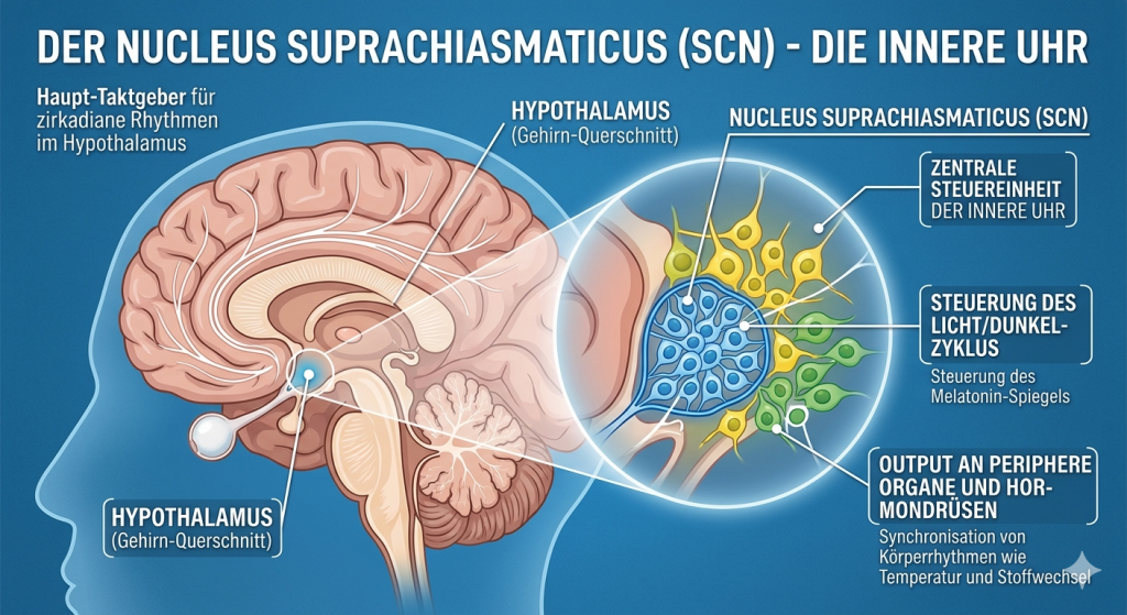 Anatomische Illustration des Nucleus suprachiasmaticus im Hypothalamus – Darstellung der zentralen inneren Uhr mit Licht-Dunkel-Steuerung, Melatonin- und Cortisolausschüttung sowie Output an periphere Organe