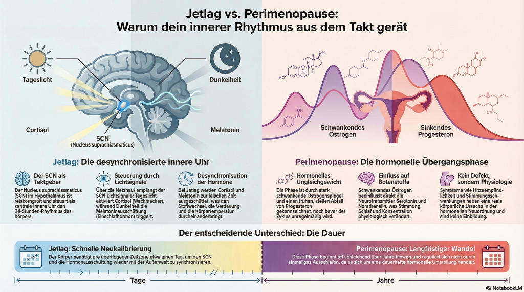 nfografik Jetlag versus Perimenopause: links SCN als Taktgeber mit Cortisol- und Melatoninsteuerung, rechts schwankendes Östrogen und sinkendes Progesteron – Vergleich von Symptomen, Ursachen und Dauer beider Zustände