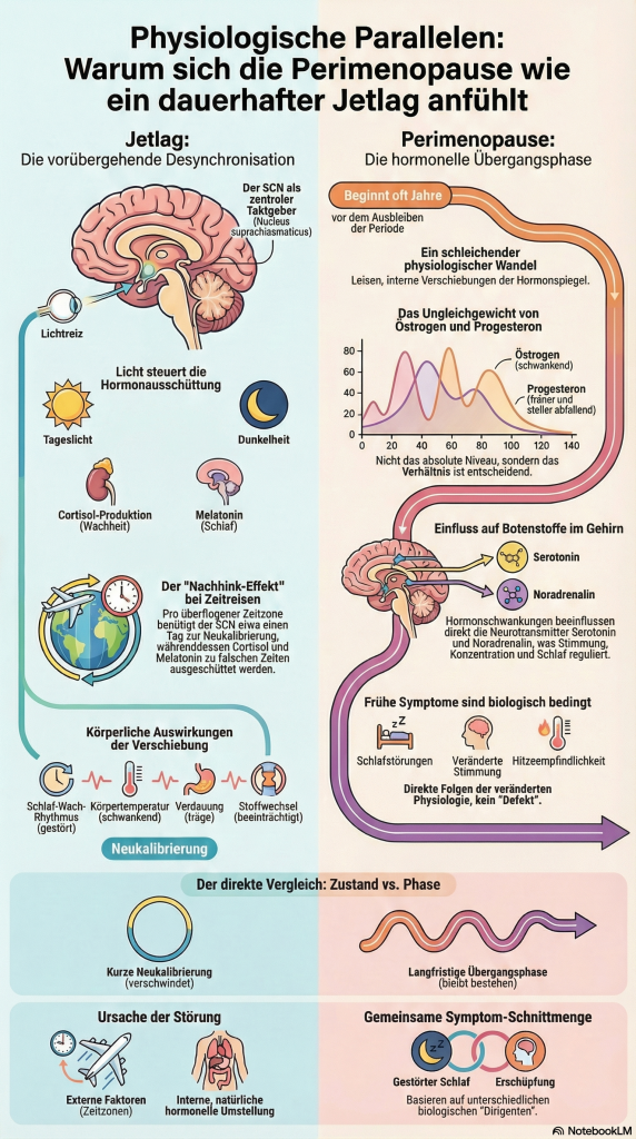 Infografik physiologische Parallelen zwischen Jetlag und Perimenopause: SCN-Taktgeber, Lichtsteuerung von Cortisol und Melatonin, Östrogen-Progesteron-Ungleichgewicht, Einfluss auf Serotonin und Noradrenalin, gemeinsame Symptomschnittmenge Schlaf und Erschöpfung