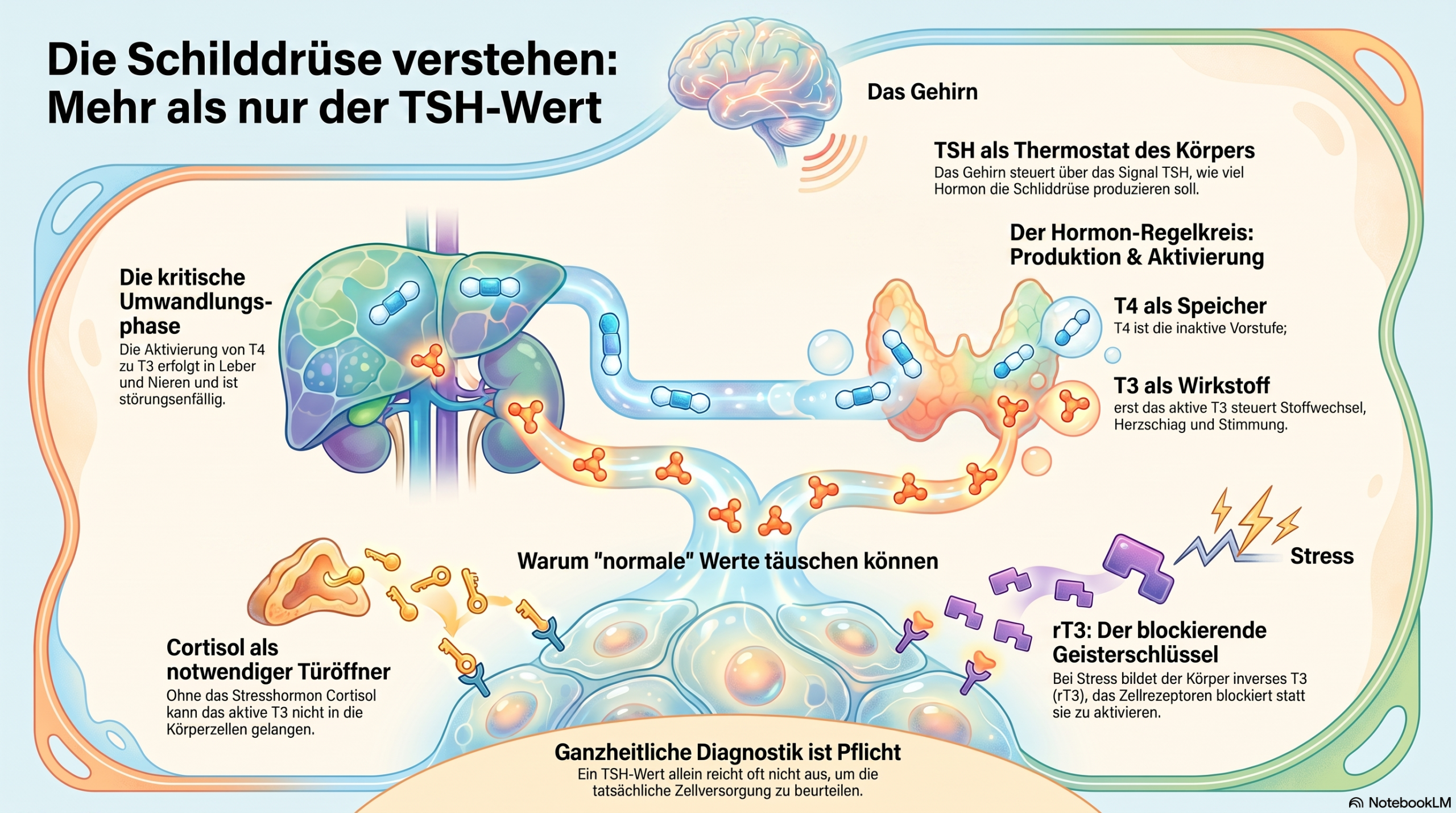 Schilddrüse und Schichtdienst: Vergleich normaler Tagesrhythmus mit stabilem TSH gegen verschobenen Rhythmus durch Schichtdienst mit gestörtem Takt, Hormonblockaden und gesundheitlichen Folgen