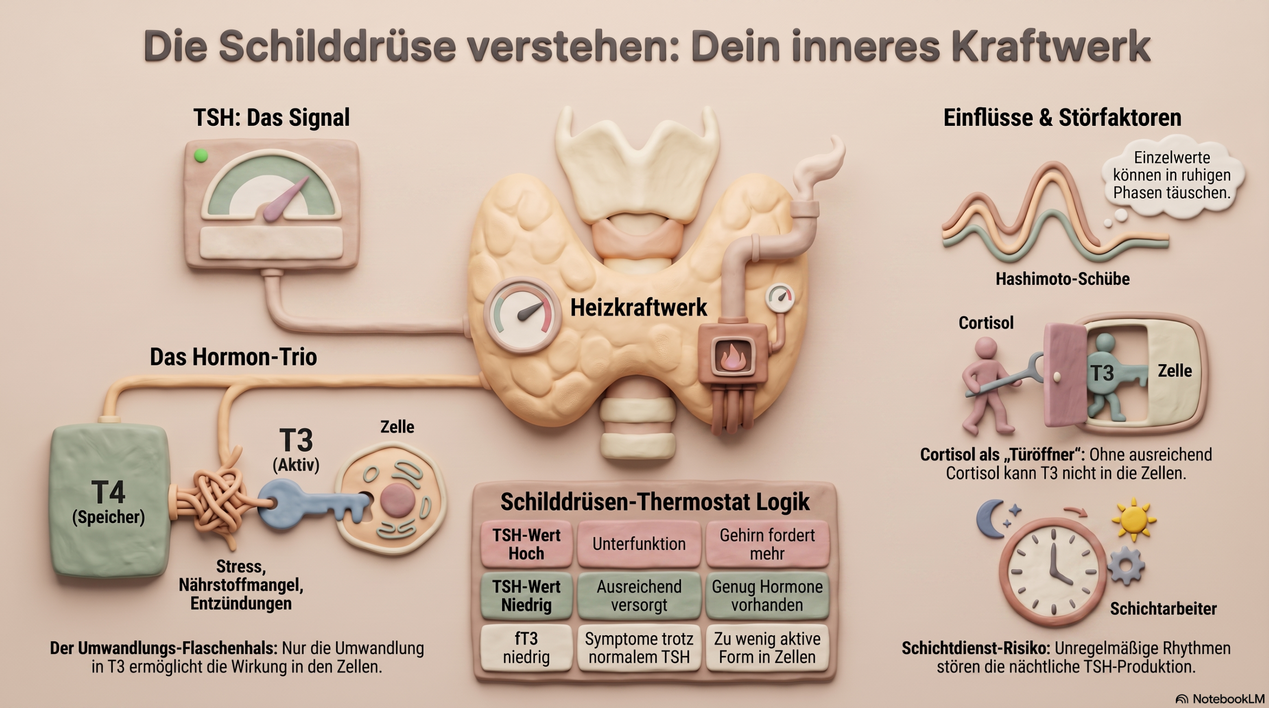 Infografik: Die Schilddrüse als inneres Kraftwerk – TSH-Signal, T4-Speicher, T3 als aktiver Wirkstoff, Cortisol als Türöffner für die Zellen, Einflussfaktoren wie Stress, Hashimoto-Schübe und Schichtarbeit