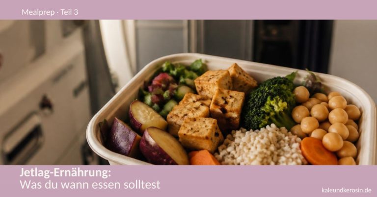 Mealprep-Bowl mit Tofu, Gemüse und Reis vor Flugzeugtür, Titelbild zum Artikel Jetlag-Ernährung